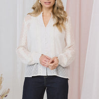 Lace Trim High Neck Long Sleeve Blouse