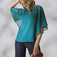Semi Sheer Cut Out 3/4 Sleeve Blouse