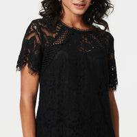 Lace Overlay Short Sleeve Blouse