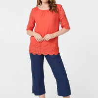 Lace Trim Semi Sheer 1/2 Sleeve Blouse