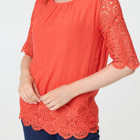 Lace Trim Semi Sheer 1/2 Sleeve Blouse