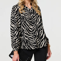 Zebra Print V-Neck Long Sleeve Blouse