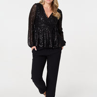 Sequin Embellished Long Sleeve Peplum Top