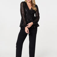 Sequin Embellished Long Sleeve Peplum Top