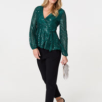 Sequin Embellished Long Sleeve Peplum Top