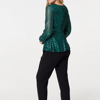 Sequin Embellished Long Sleeve Peplum Top