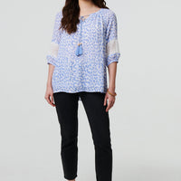 Animal Print Tassel Bardot Neck Blouse