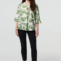 Leaf Print 3/4 Flare Sleeve Blouse