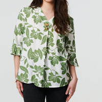Leaf Print 3/4 Flare Sleeve Blouse