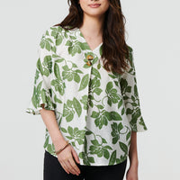 Leaf Print 3/4 Flare Sleeve Blouse