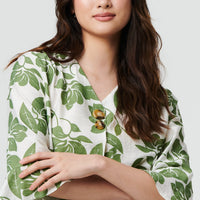 Leaf Print 3/4 Flare Sleeve Blouse