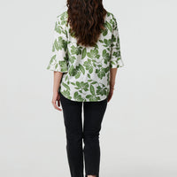 Leaf Print 3/4 Flare Sleeve Blouse