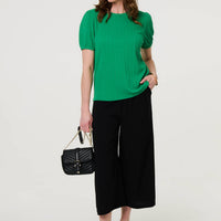 Textured Knit Short Puff Sleeve Top