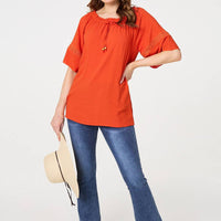 Lace Trim Bardot Tie Neck 1/2 Sleeve Blouse