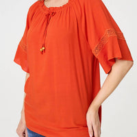 Lace Trim Bardot Tie Neck 1/2 Sleeve Blouse