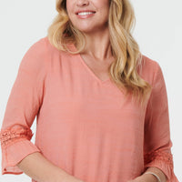 Lace Trim 3/4 Flared Sleeve Blouse