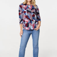 Abstract Print 3/4 Sleeve Curve Hem Top