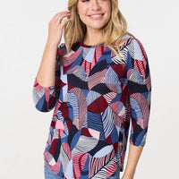 Abstract Print 3/4 Sleeve Curve Hem Top