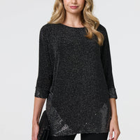 Glittery Metallic Trim 3/4 Sleeve Tunic
