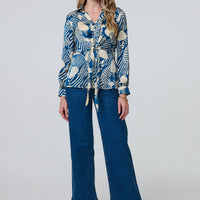 Printed Tie Front Long Sleeve Blouse