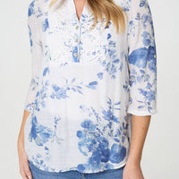Floral 3/4 Sleeve Lace Trim Blouse