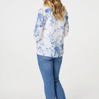 Floral 3/4 Sleeve Lace Trim Blouse