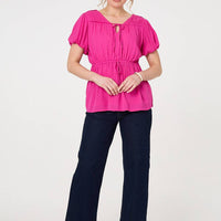 Ruched Short Puff Sleeve Peplum Blouse