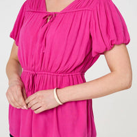 Ruched Short Puff Sleeve Peplum Blouse