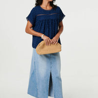 Lace Trim Short Sleeve Button Back Blouse