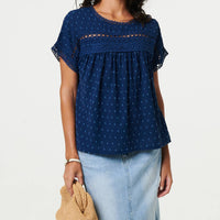 Lace Trim Short Sleeve Button Back Blouse