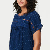 Lace Trim Short Sleeve Button Back Blouse