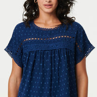 Lace Trim Short Sleeve Button Back Blouse