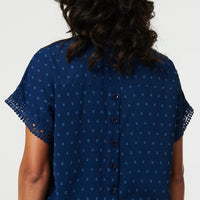 Lace Trim Short Sleeve Button Back Blouse