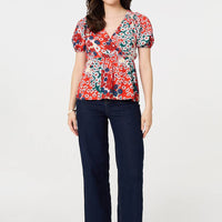 Ditsy Floral Faux Wrap V-Neck Top