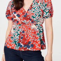 Ditsy Floral Faux Wrap V-Neck Top