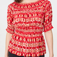 Printed Shirred 1/2 Sleeve Bardot Top