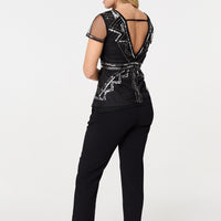 Geometric Sequin Mesh Short Sleeve Top