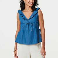 Denim Frill Trim V-Neck Peplum Top