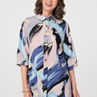 Brushstroke Print Collared Relaxed Shirt