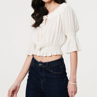 Textured Bardot Ruched Crop Top