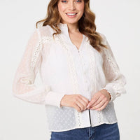 Lace Trim High Neck Long Sleeve Blouse