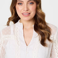 Lace Trim High Neck Long Sleeve Blouse