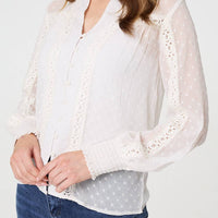 Lace Trim High Neck Long Sleeve Blouse