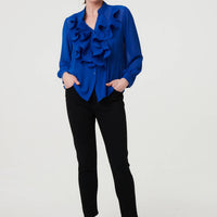 Sheer Ruffled V-Neck Long Sleeve Blouse