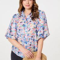 Printed Puff Sleeve Collared Shirt