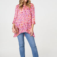 Mosaic Print 3/4 Sleeve Longline Blouse