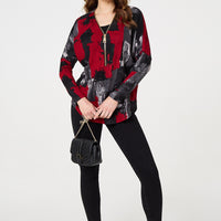 Abstract Zip Front Long Sleeve Top