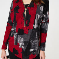 Abstract Zip Front Long Sleeve Top