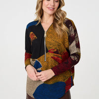 Abstract Zip V-Neck Long Sleeve Relaxed Top