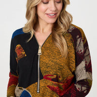 Abstract Zip V-Neck Long Sleeve Relaxed Top